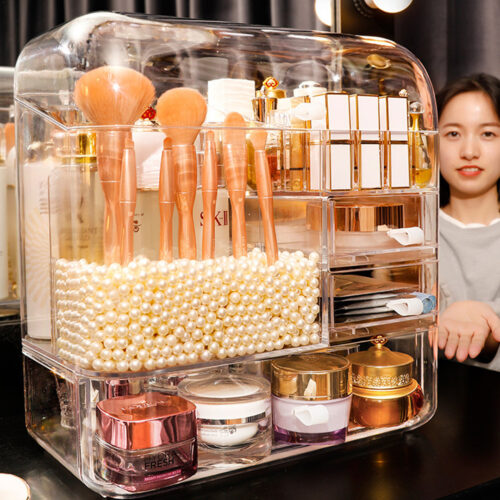 2x Transparent Cosmetic Storage Box Clear Makeup Holder with Lid Drawers Waterproof Dustproof Organiser with Pearls - Image 3