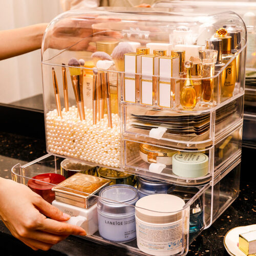 2x Transparent Cosmetic Storage Box Clear Makeup Holder with Lid Drawers Waterproof Dustproof Organiser with Pearls - Image 5