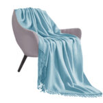 Sky Blue Acrylic Knitted Throw Blanket Solid Fringed Warm Woven Couch Bed Sofa Decor
