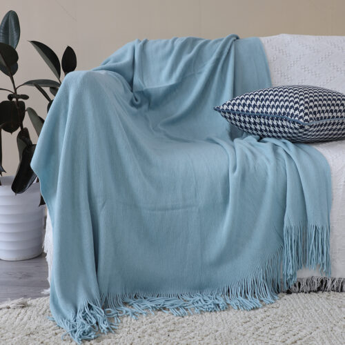 2x Sky Blue Acrylic Knitted Throw Blanket Solid Fringed Warm Woven Couch Bed Sofa Decor - Image 2
