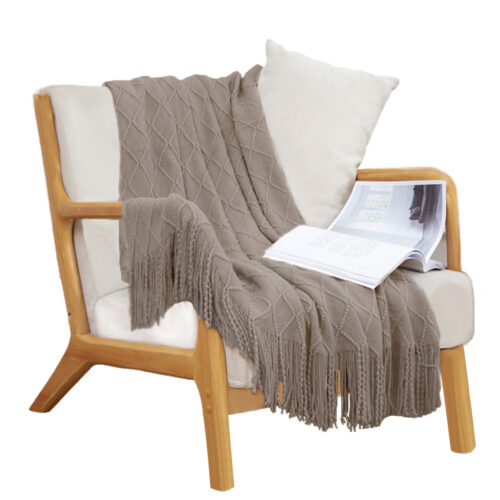 Coffee Diamond Pattern Knitted Throw Blanket Warm Woven Couch Bed Sofa Decor with Tassels
