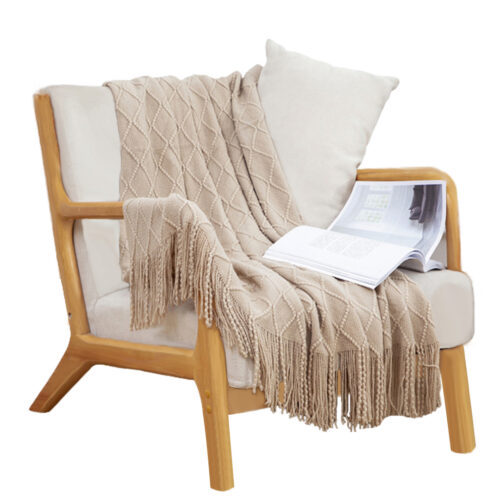 Beige Diamond Pattern Knitted Throw Blanket Warm Woven Couch Bed Sofa Decor with Tassels