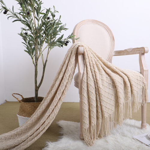 Beige Diamond Pattern Knitted Throw Blanket Warm Woven Couch Bed Sofa Decor with Tassels - Image 2