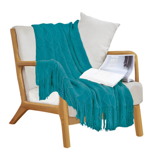 Teal Diamond Pattern Knitted Throw Blanket Warm Woven Couch Bed Sofa Decor with Tassels