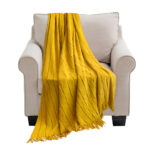 Mustard Textured Knitted Throw Blanket Warm Woven Couch Bed Sofa Decor with Tassels