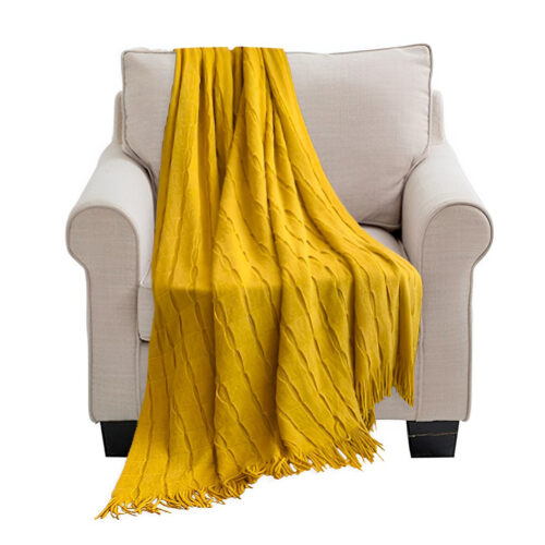 Mustard Textured Knitted Throw Blanket Warm Woven Couch Bed Sofa Decor with Tassels