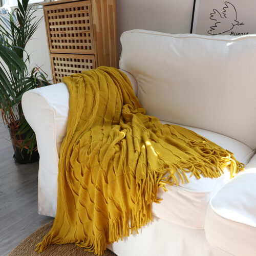 Mustard Textured Knitted Throw Blanket Warm Woven Couch Bed Sofa Decor with Tassels - Image 3