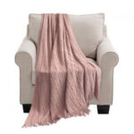 Pink Textured Knitted Throw Blanket Warm Woven Couch Bed Sofa Decor with Tassels