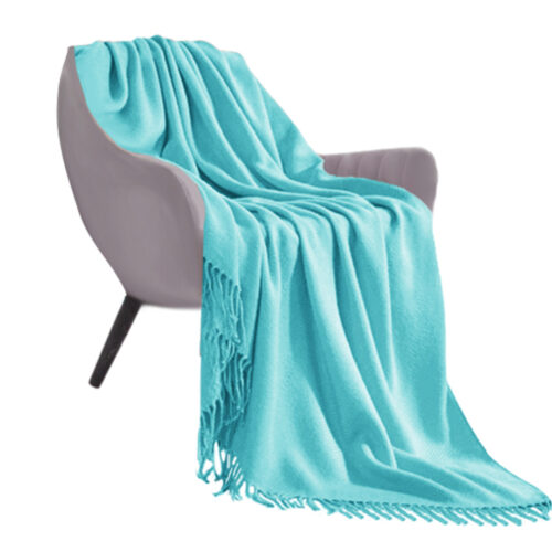 Teal Acrylic Knitted Throw Blanket Solid Fringed Warm Woven Couch Bed Sofa Decor