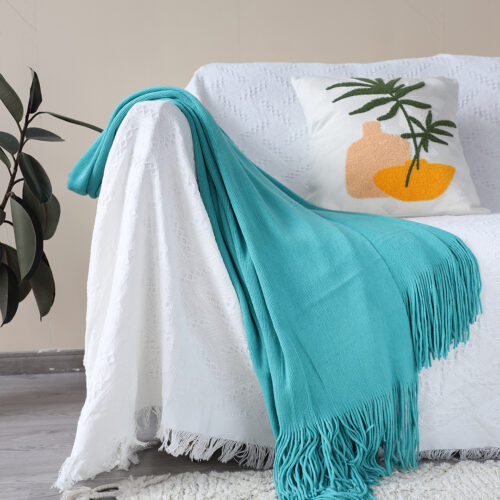 Teal Acrylic Knitted Throw Blanket Solid Fringed Warm Woven Couch Bed Sofa Decor - Image 3