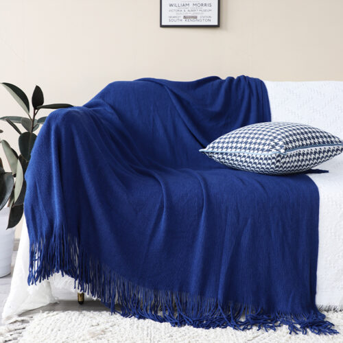 Royal Blue Acrylic Knitted Throw Blanket Solid Fringed Warm Woven Couch Bed Sofa Decor - Image 2