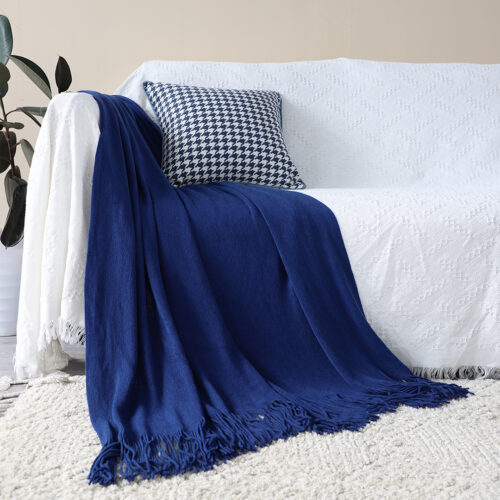 Royal Blue Acrylic Knitted Throw Blanket Solid Fringed Warm Woven Couch Bed Sofa Decor - Image 4