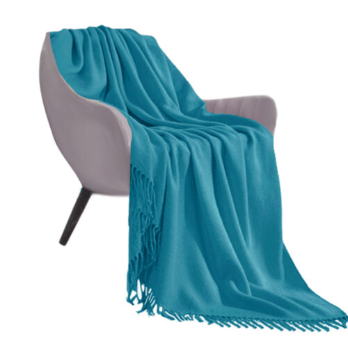 Blue Acrylic Knitted Throw Blanket Solid Fringed Warm Woven Couch Bed Sofa Decor