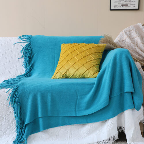 Blue Acrylic Knitted Throw Blanket Solid Fringed Warm Woven Couch Bed Sofa Decor - Image 2