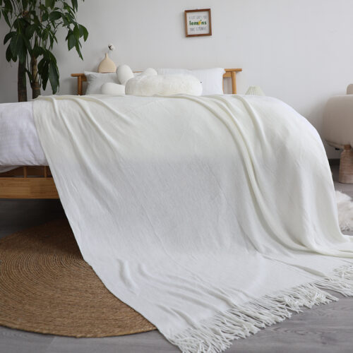 White Acrylic Knitted Throw Blanket Solid Fringed Warm Woven Couch Bed Sofa Decor - Image 2