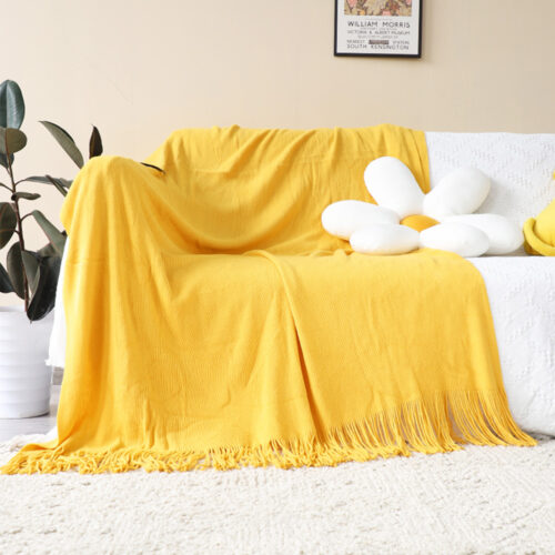 Yellow Acrylic Knitted Throw Blanket Solid Fringed Warm Woven Couch Bed Sofa Decor - Image 2