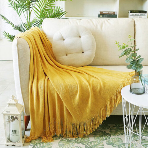 Yellow Acrylic Knitted Throw Blanket Solid Fringed Warm Woven Couch Bed Sofa Decor - Image 4