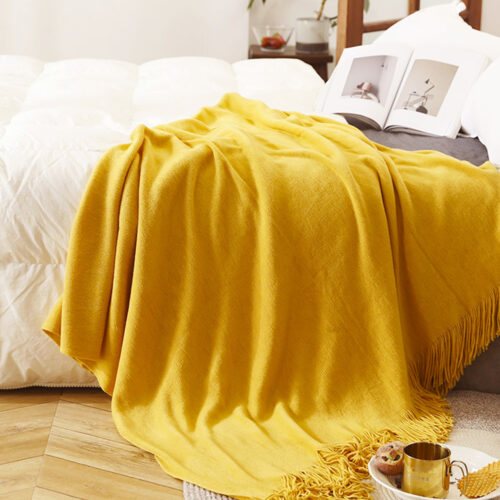 Yellow Acrylic Knitted Throw Blanket Solid Fringed Warm Woven Couch Bed Sofa Decor - Image 5