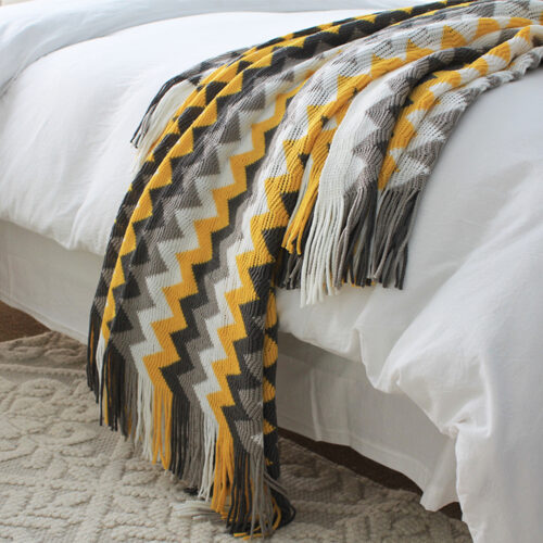 170cm Yellow Zigzag Striped Throw Blanket Acrylic Wave Knitted Fringed Woven Cover Couch Bed Sofa Decor - Image 3