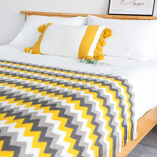 170cm Yellow Zigzag Striped Throw Blanket Acrylic Wave Knitted Fringed Woven Cover Couch Bed Sofa Decor - Image 7