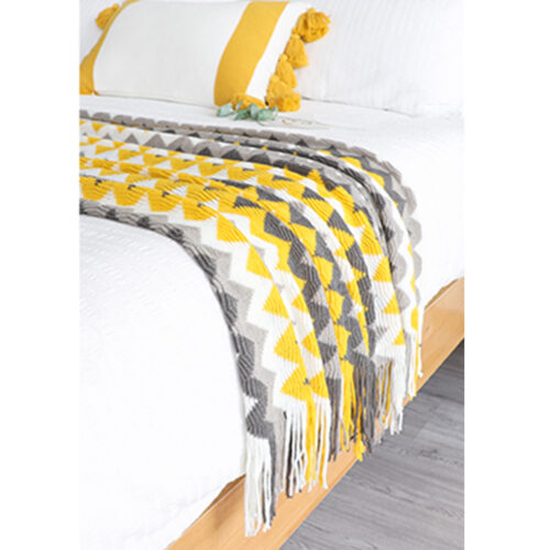 170cm Yellow Zigzag Striped Throw Blanket Acrylic Wave Knitted Fringed Woven Cover Couch Bed Sofa Decor - Image 8