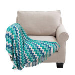 170cm Blue Zigzag Striped Throw Blanket Acrylic Wave Knitted Fringed Woven Cover Couch Bed Sofa Decor