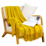 Yellow Diamond Pattern Knitted Throw Blanket Warm Woven Couch Bed Sofa Decor with Tassels