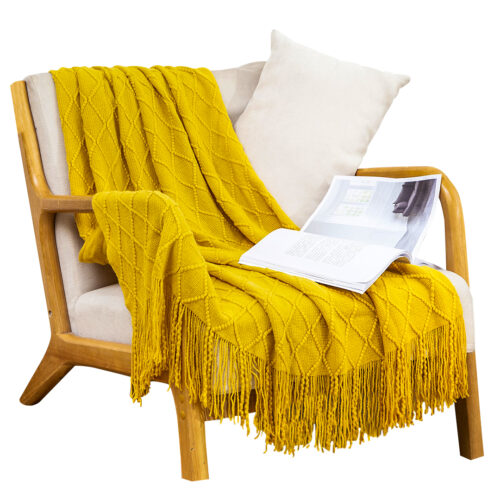 Yellow Diamond Pattern Knitted Throw Blanket Warm Woven Couch Bed Sofa Decor with Tassels
