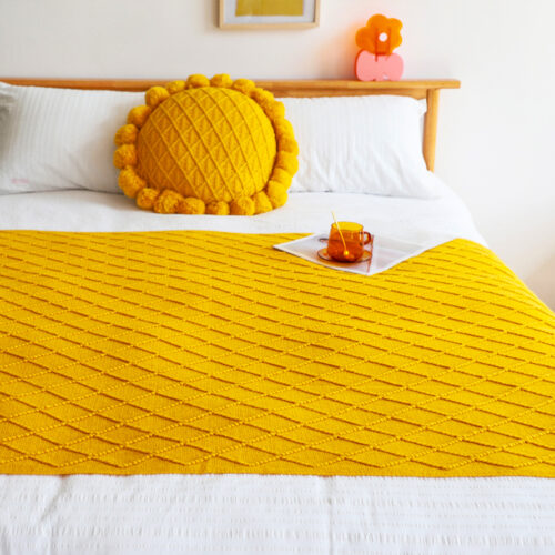 Yellow Diamond Pattern Knitted Throw Blanket Warm Woven Couch Bed Sofa Decor with Tassels - Image 2