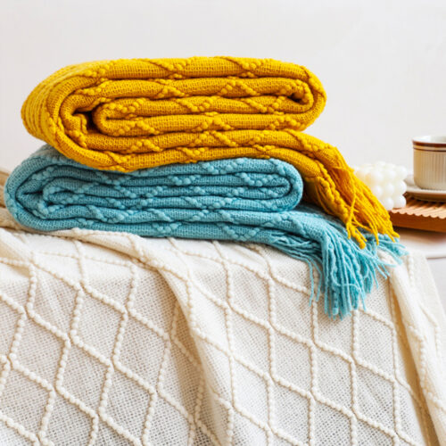 Yellow Diamond Pattern Knitted Throw Blanket Warm Woven Couch Bed Sofa Decor with Tassels - Image 3