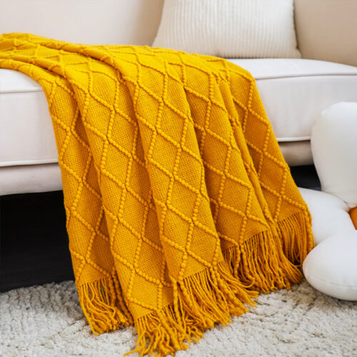 Yellow Diamond Pattern Knitted Throw Blanket Warm Woven Couch Bed Sofa Decor with Tassels - Image 5
