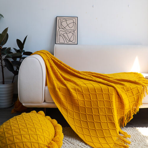 Yellow Diamond Pattern Knitted Throw Blanket Warm Woven Couch Bed Sofa Decor with Tassels - Image 7