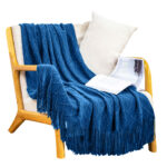 Royal Blue Diamond Pattern Knitted Throw Blanket Warm Woven Couch Bed Sofa Decor with Tassels