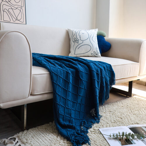 Royal Blue Diamond Pattern Knitted Throw Blanket Warm Woven Couch Bed Sofa Decor with Tassels - Image 6