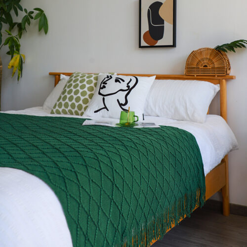 Green Diamond Pattern Knitted Throw Blanket Warm Woven Couch Bed Sofa Decor with Tassels - Image 4