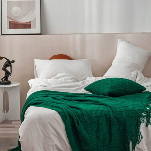Green Diamond Pattern Knitted Throw Blanket Warm Woven Couch Bed Sofa Decor with Tassels - Image 7