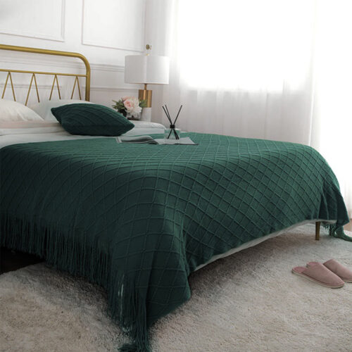 Green Diamond Pattern Knitted Throw Blanket Warm Woven Couch Bed Sofa Decor with Tassels - Image 10