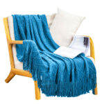 Blue Diamond Pattern Knitted Throw Blanket Warm Woven Couch Bed Sofa Decor with Tassels