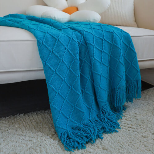 Blue Diamond Pattern Knitted Throw Blanket Warm Woven Couch Bed Sofa Decor with Tassels - Image 3