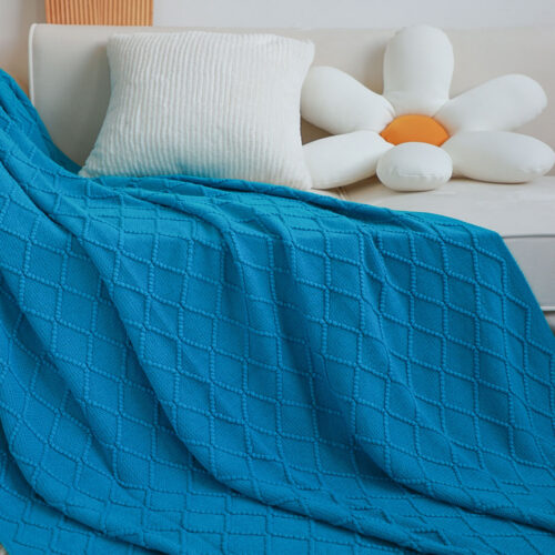 Blue Diamond Pattern Knitted Throw Blanket Warm Woven Couch Bed Sofa Decor with Tassels - Image 4