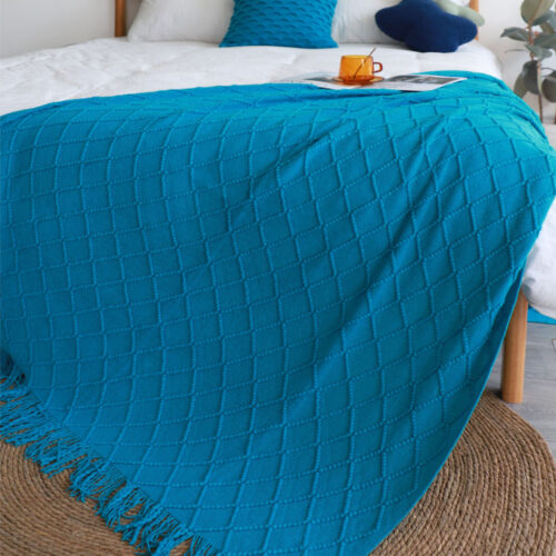 Blue Diamond Pattern Knitted Throw Blanket Warm Woven Couch Bed Sofa Decor with Tassels - Image 6