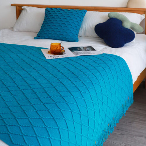 Blue Diamond Pattern Knitted Throw Blanket Warm Woven Couch Bed Sofa Decor with Tassels - Image 7