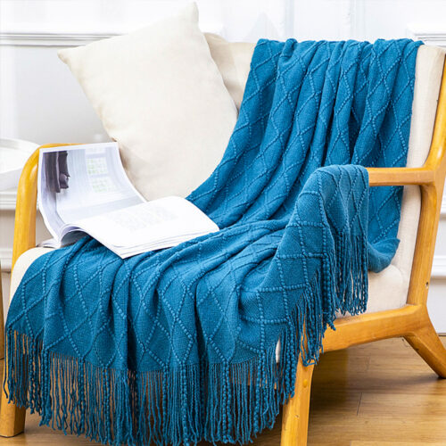 Blue Diamond Pattern Knitted Throw Blanket Warm Woven Couch Bed Sofa Decor with Tassels - Image 9