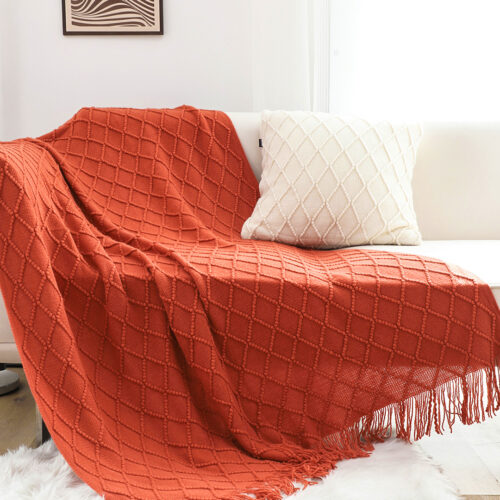 Red Diamond Pattern Knitted Throw Blanket Warm Woven Couch Bed Sofa Decor with Tassels - Image 2