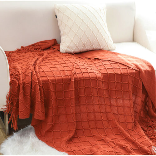 Red Diamond Pattern Knitted Throw Blanket Warm Woven Couch Bed Sofa Decor with Tassels - Image 3