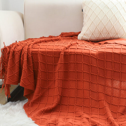 Red Diamond Pattern Knitted Throw Blanket Warm Woven Couch Bed Sofa Decor with Tassels - Image 4
