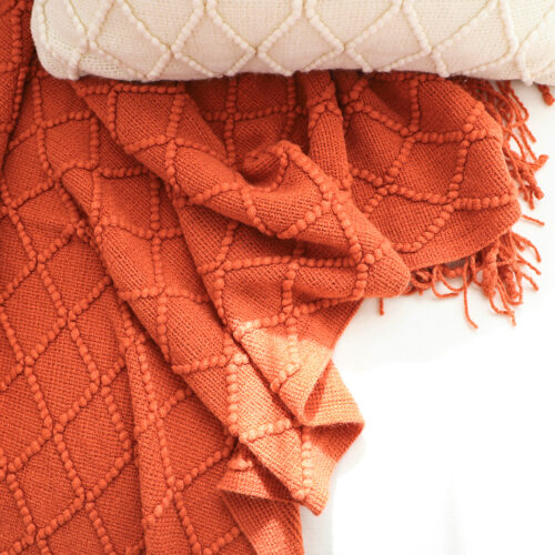 Red Diamond Pattern Knitted Throw Blanket Warm Woven Couch Bed Sofa Decor with Tassels - Image 6