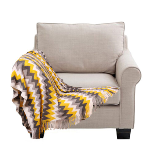 220cm Yellow Zigzag Striped Throw Blanket Acrylic Wave Knitted Fringed Woven Cover Couch Bed Sofa Decor