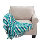 220cm Blue Zigzag Striped Throw Blanket Acrylic Wave Knitted Fringed Woven Cover Couch Bed Sofa Decor