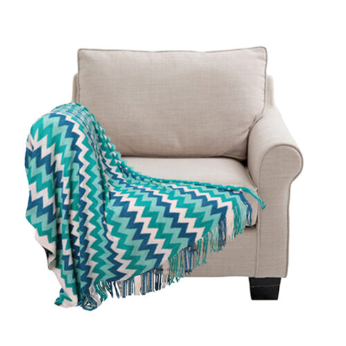 220cm Blue Zigzag Striped Throw Blanket Acrylic Wave Knitted Fringed Woven Cover Couch Bed Sofa Decor